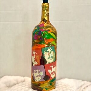 Eddie King Wine Bottle Folk Art, “Beatles”,Hand Painted Abstract, Signed